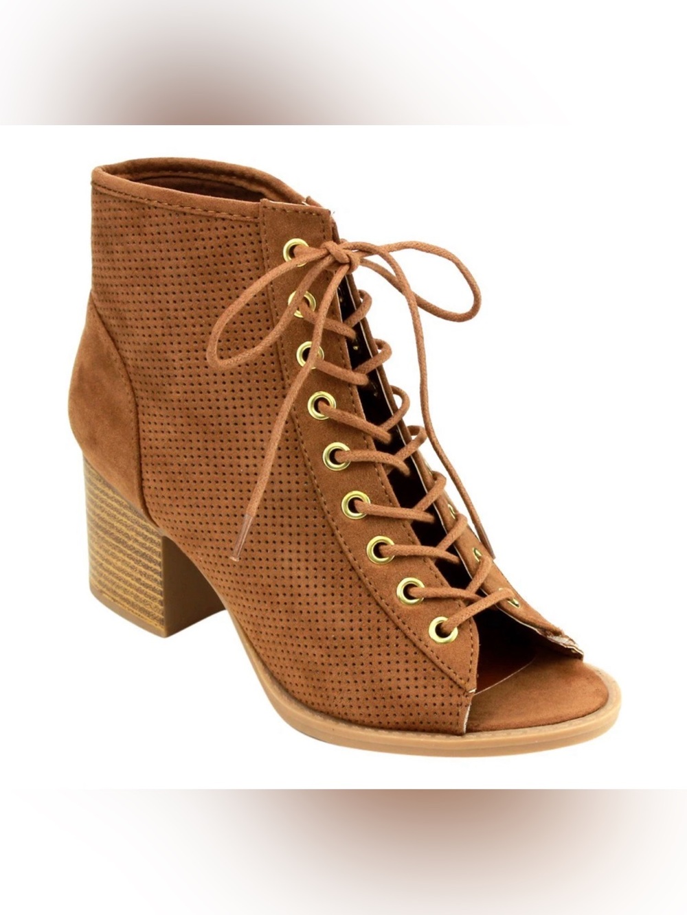 Lace-Up Peep Toe Ankle Boots in Tan size 8